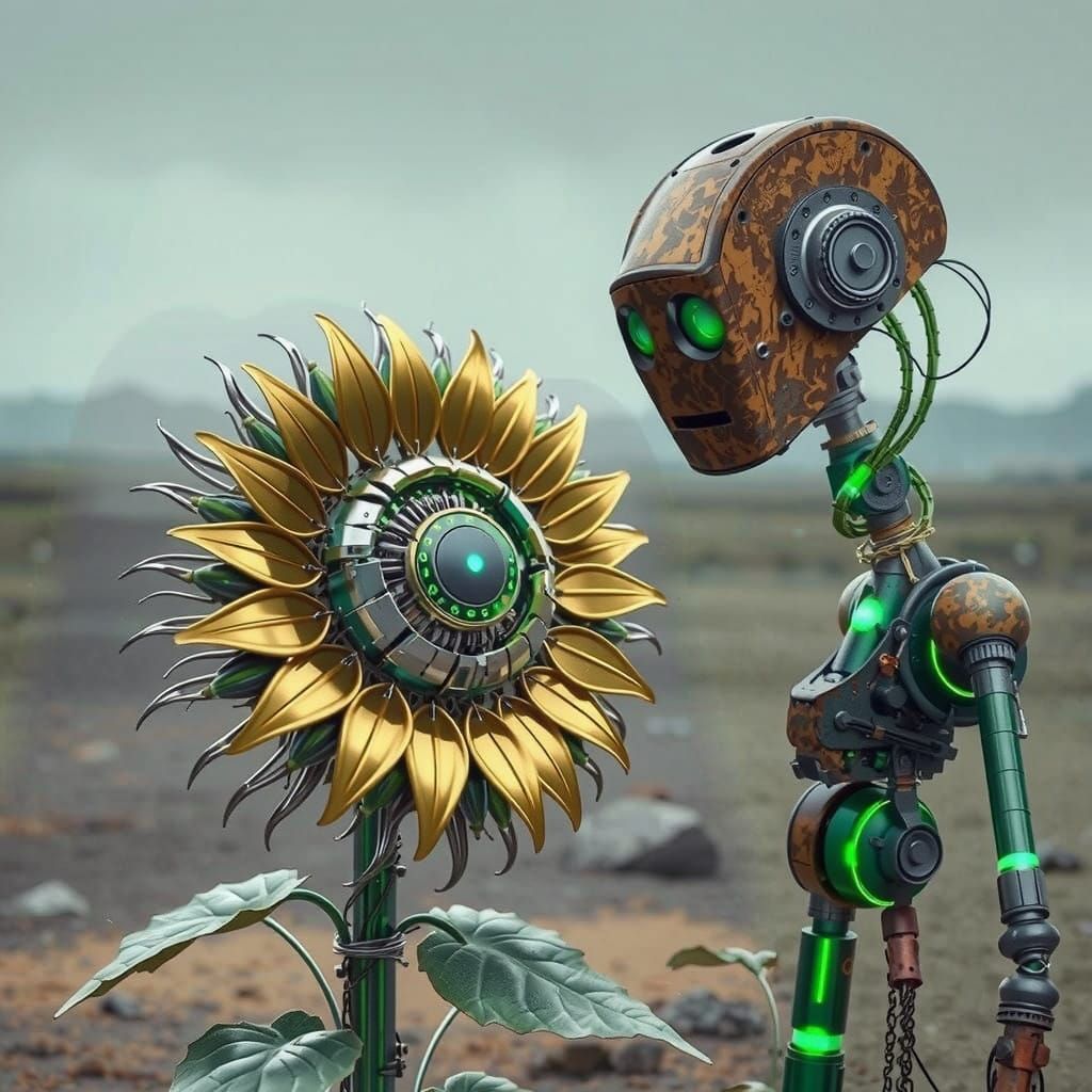 Cyborg Sunflower in a Desolate Landscape