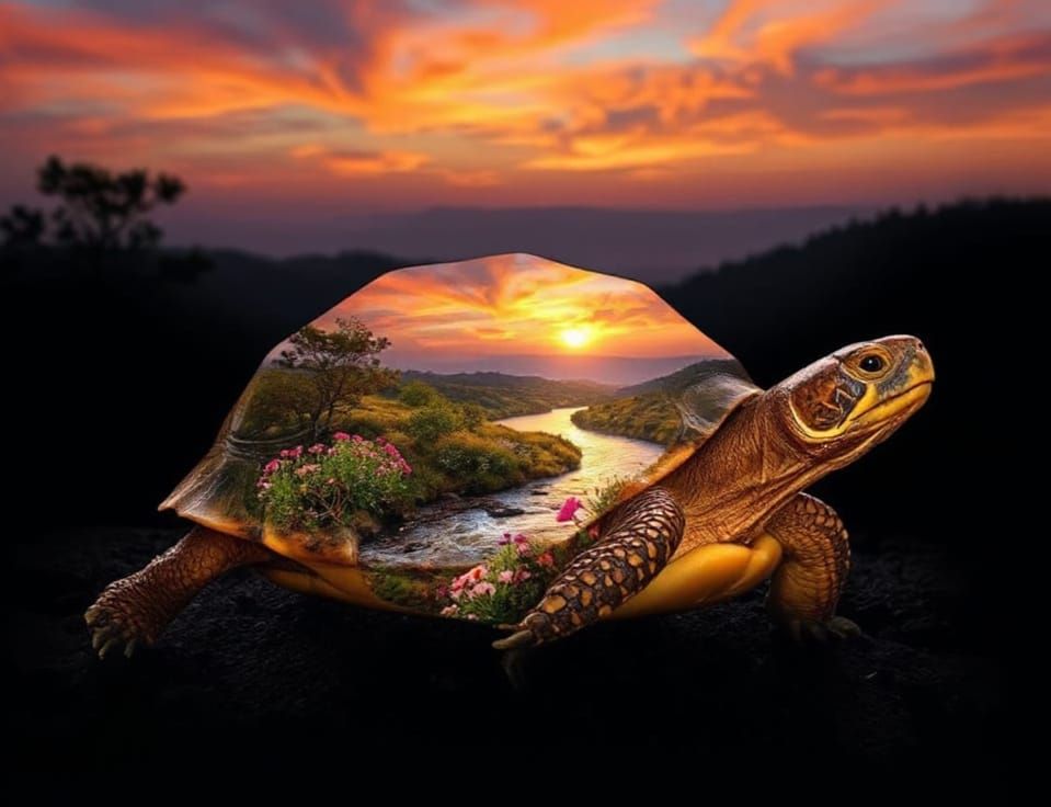Happy Tortoise in Whimsical River Valley Painting