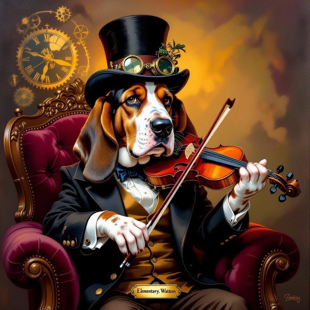 Basset Hound in Steampunk Hat Plays Violin