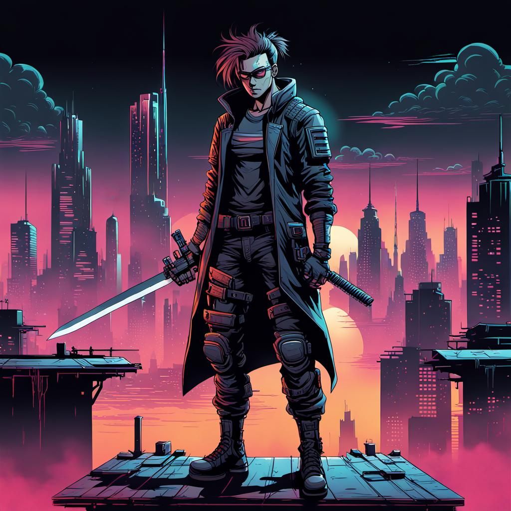 Cyberpunk Warrior with Katana in Graffiti Art Style