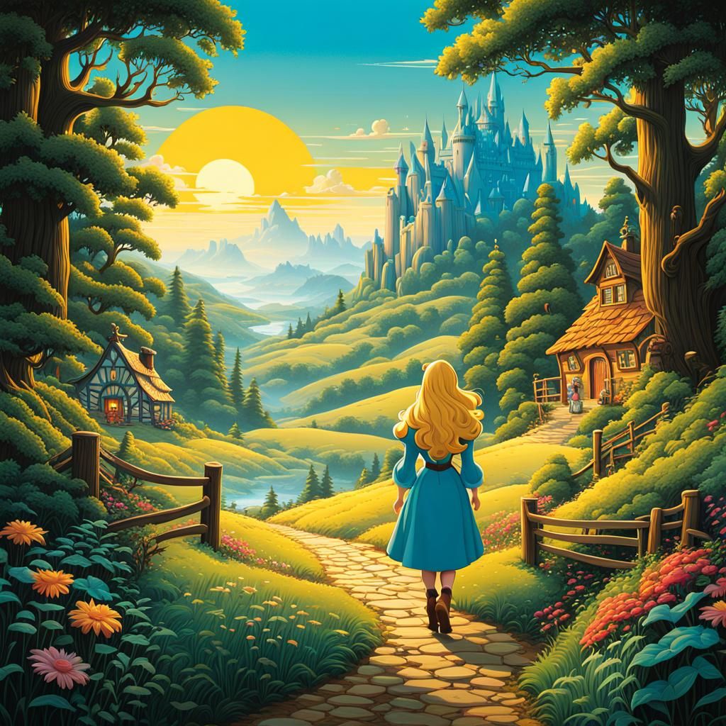 Goldilocks in Whimsical Storybook Landscape