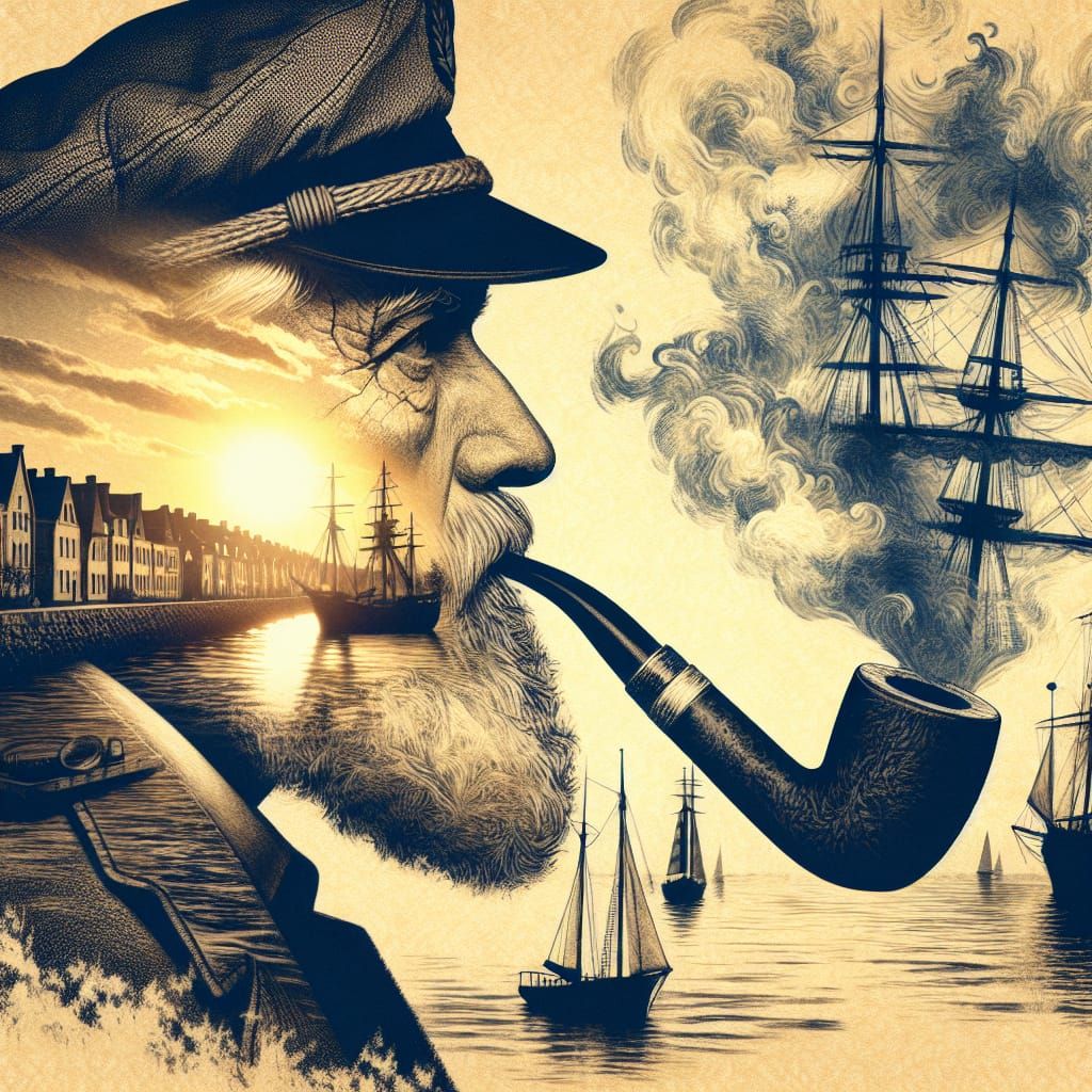 Sunlit Sailor Silhouette with Smoky Harbor Scene