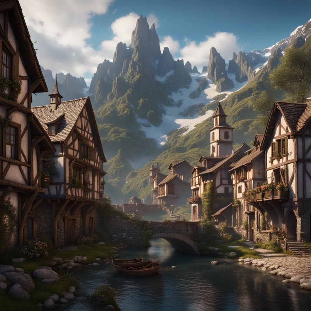 Pyrenees Mountain Town: Detailed Matte Painting