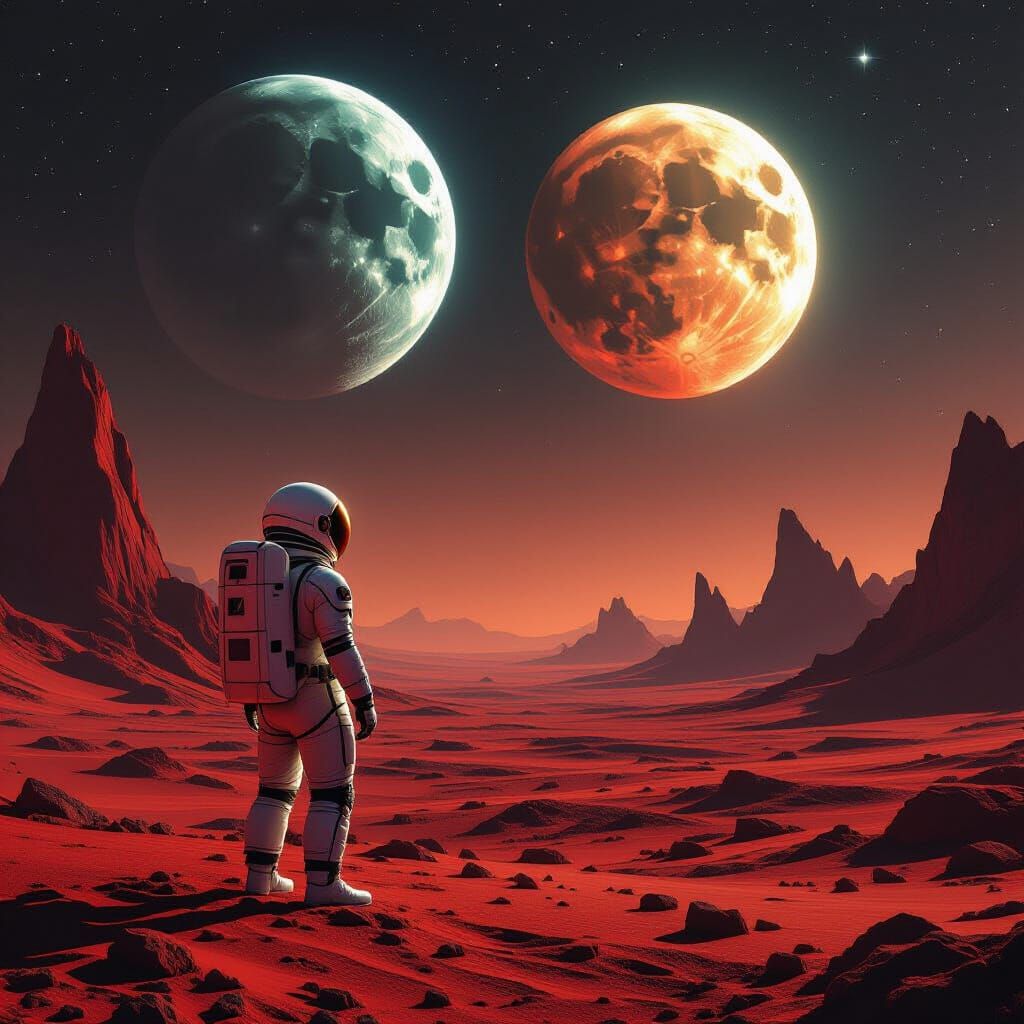 Astronaut on Crimson Planet Gazes at Twin Bioluminescent Moo...