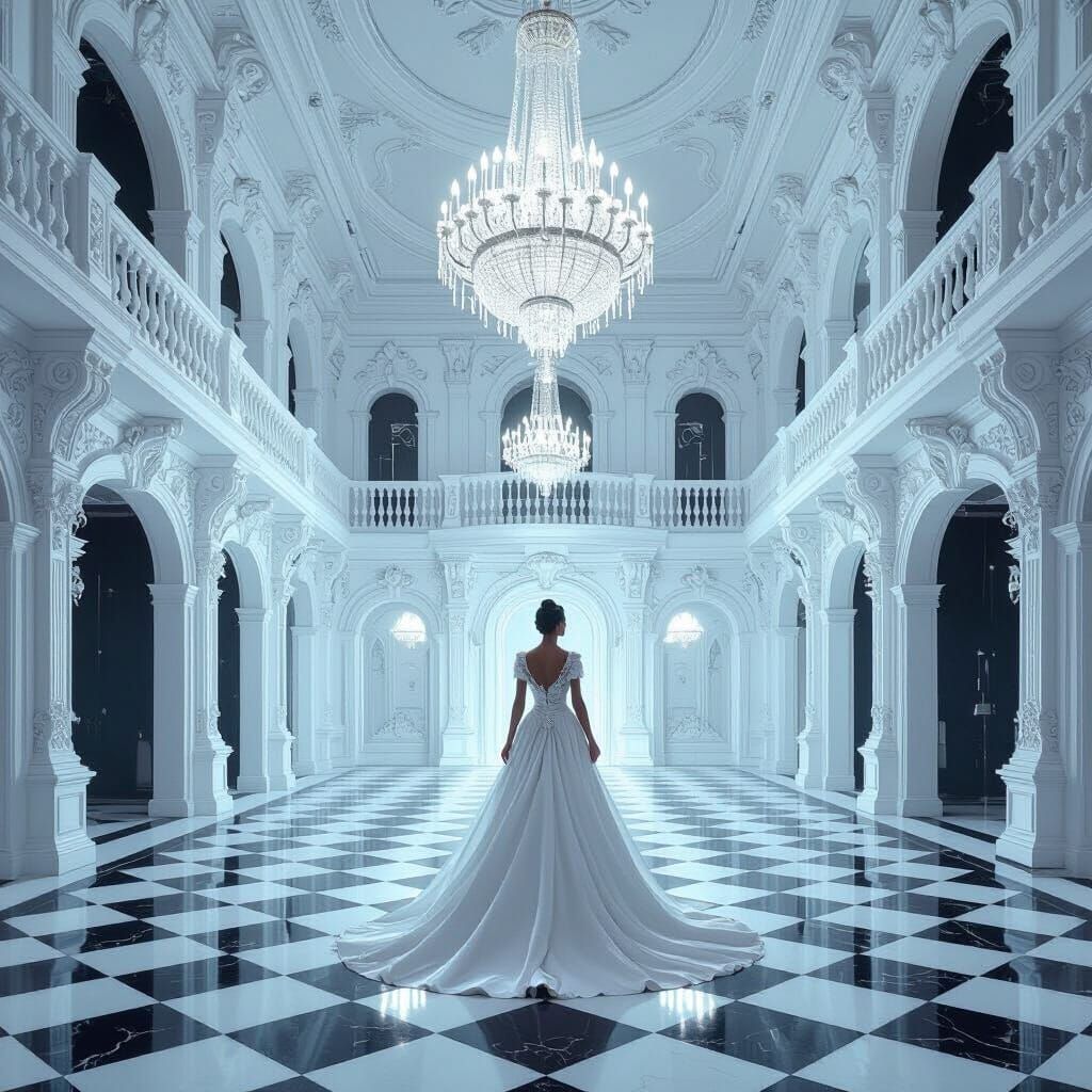 Lavish White Baroque Ballroom with Checkerboard Floor