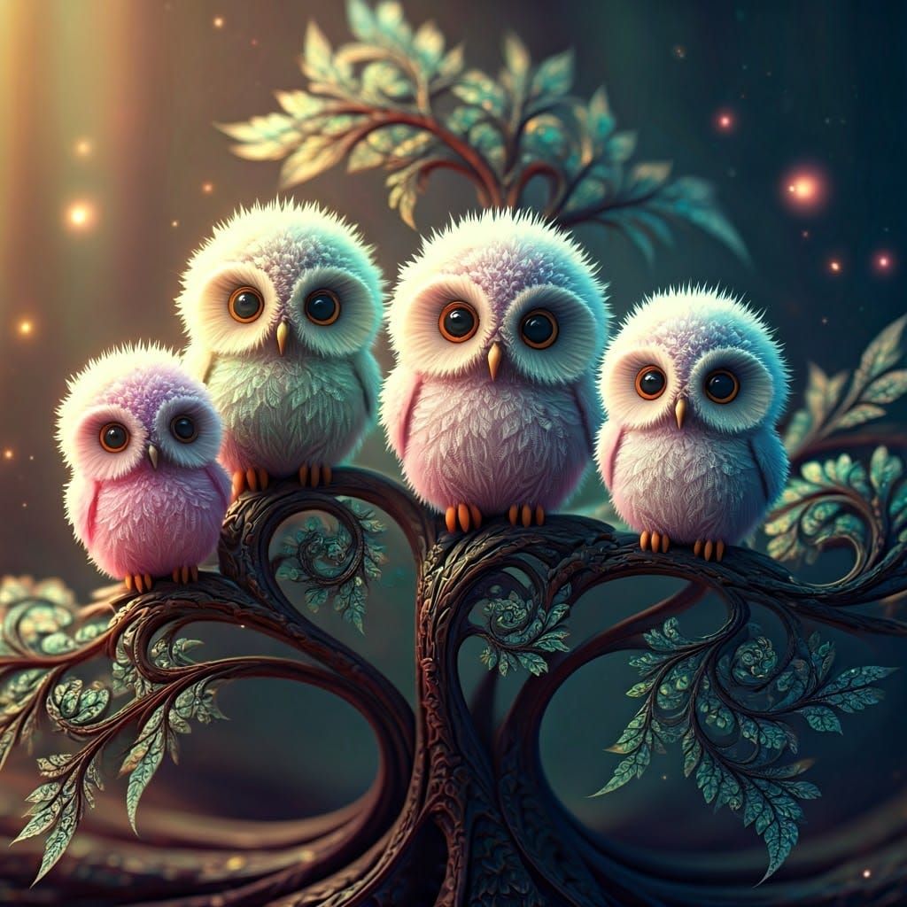 Whimsical Fantasy Scene with Tiny, Iridescent Baby Owls