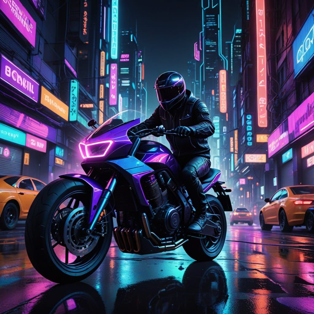Retro-Futuristic Sci-Fi Bike Rides Through Neon City