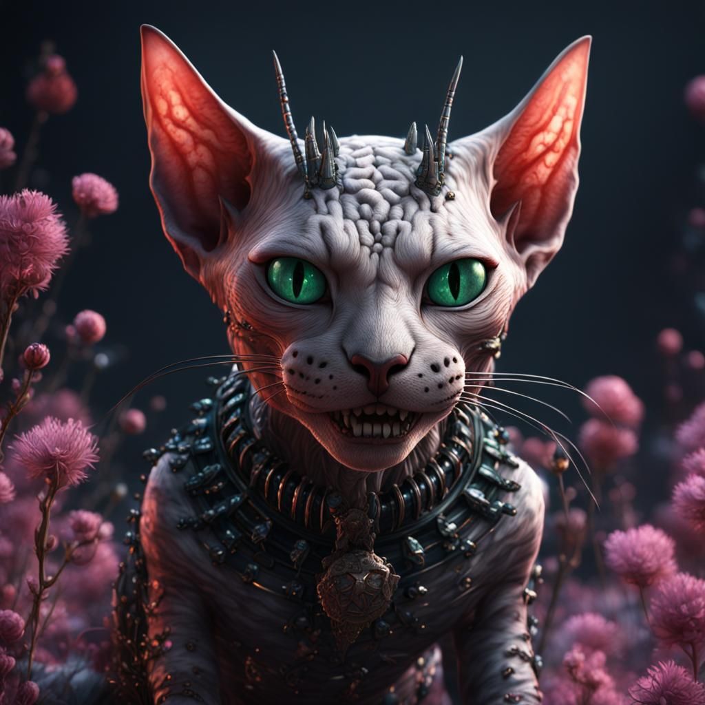 Surreal Hairless Cat with Teeth in Dark Fantasy Style