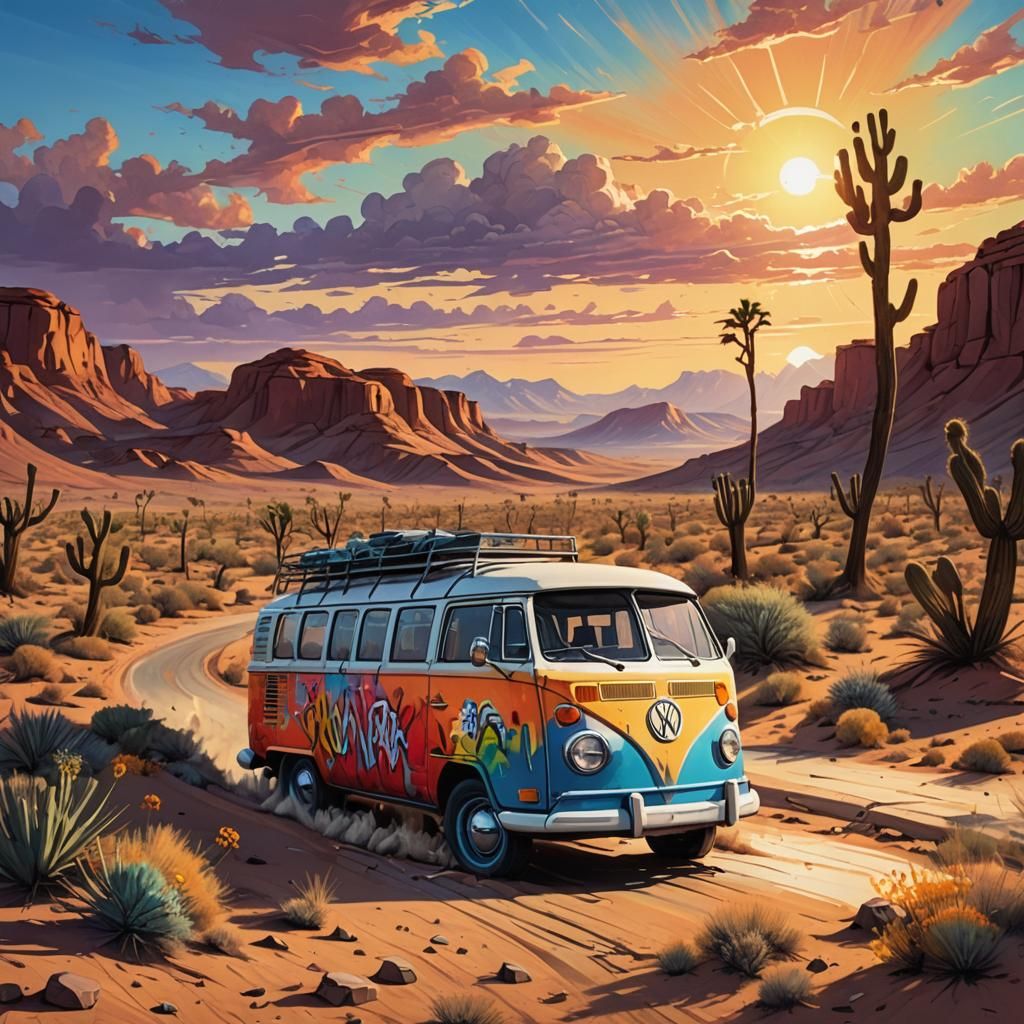 Desert Sunset with VW Bus in Graffiti Art Style