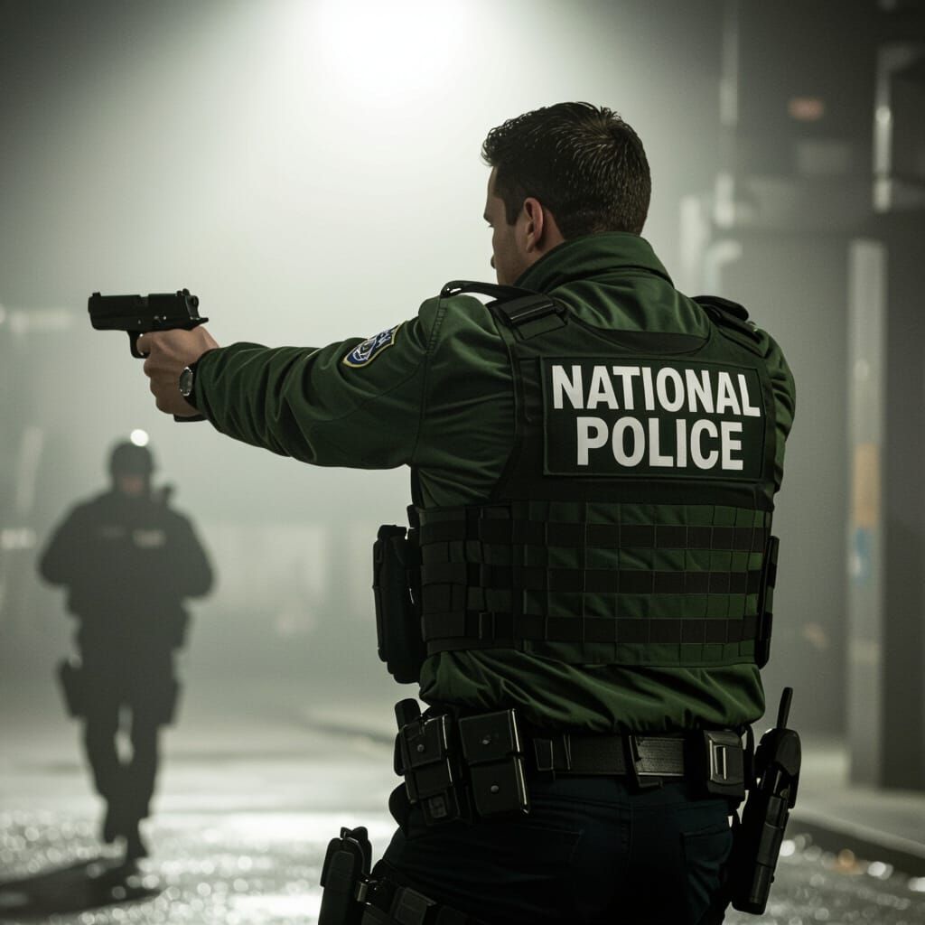 Armed Police Officer in Green Jacket with Handgun