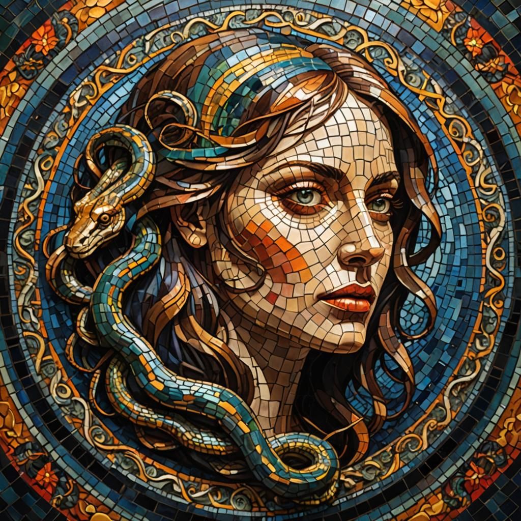 Medusa Mosaic Portrait in Art Nouveau Style