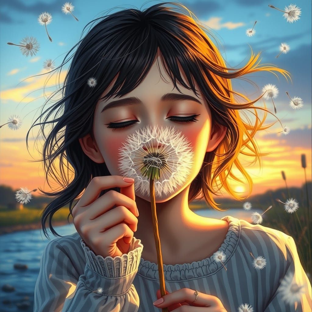 Girl Blows on Dandelion in Vibrant Evening Light
