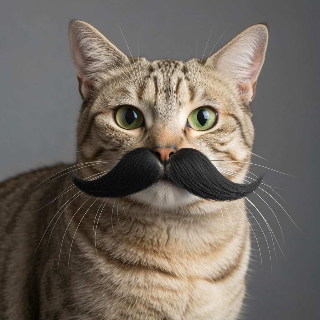 A cat wearing a large fake moustache