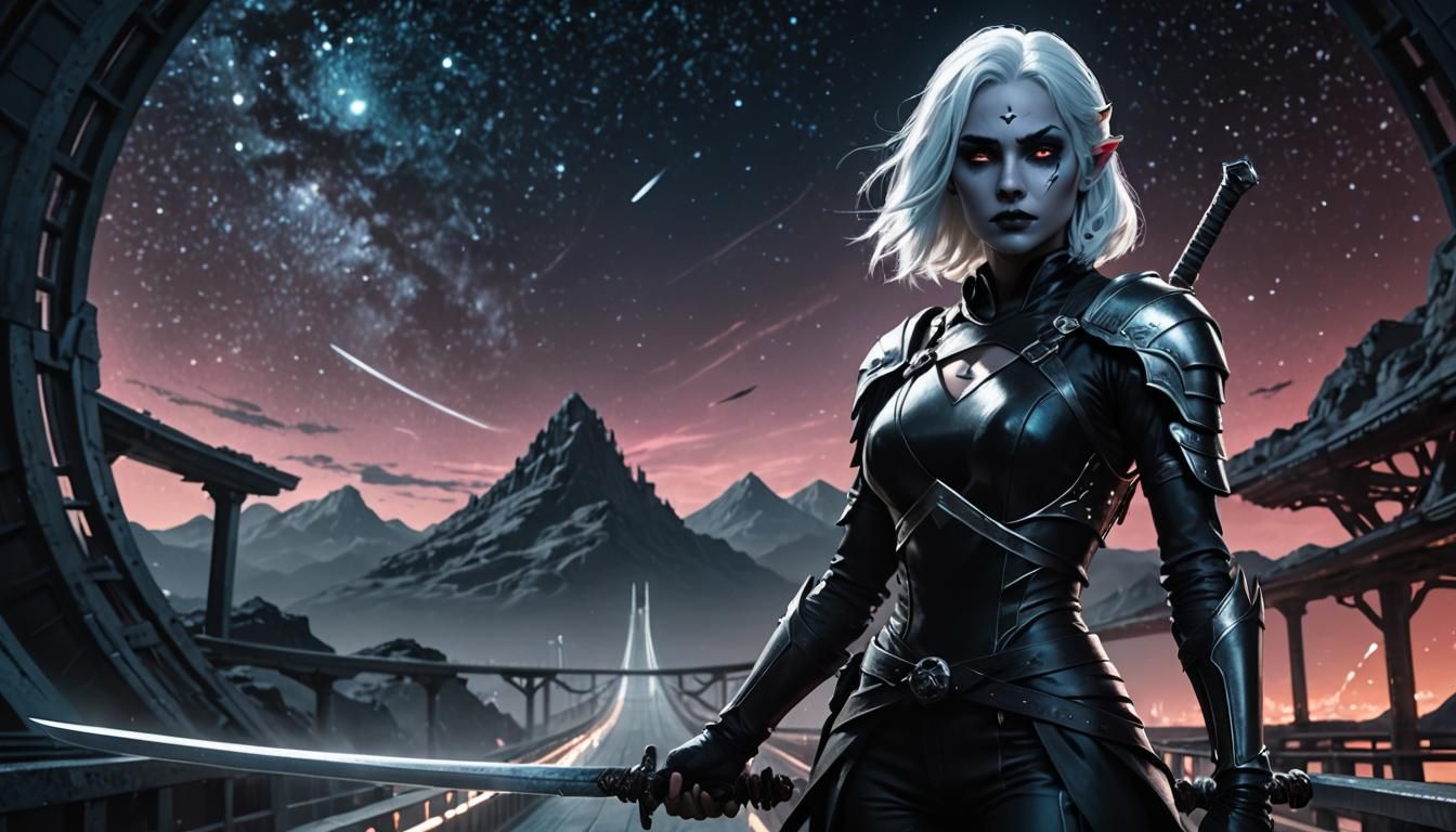 Mystical Drow Woman with Katana in Sci-Fi Starscape