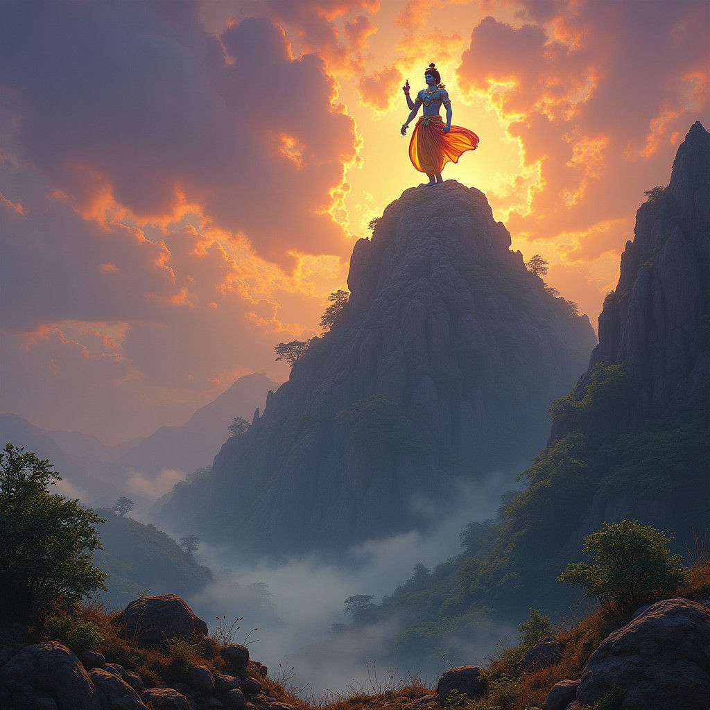 Krishna Lifts Govardhana Giri: Fantasy Concept Art