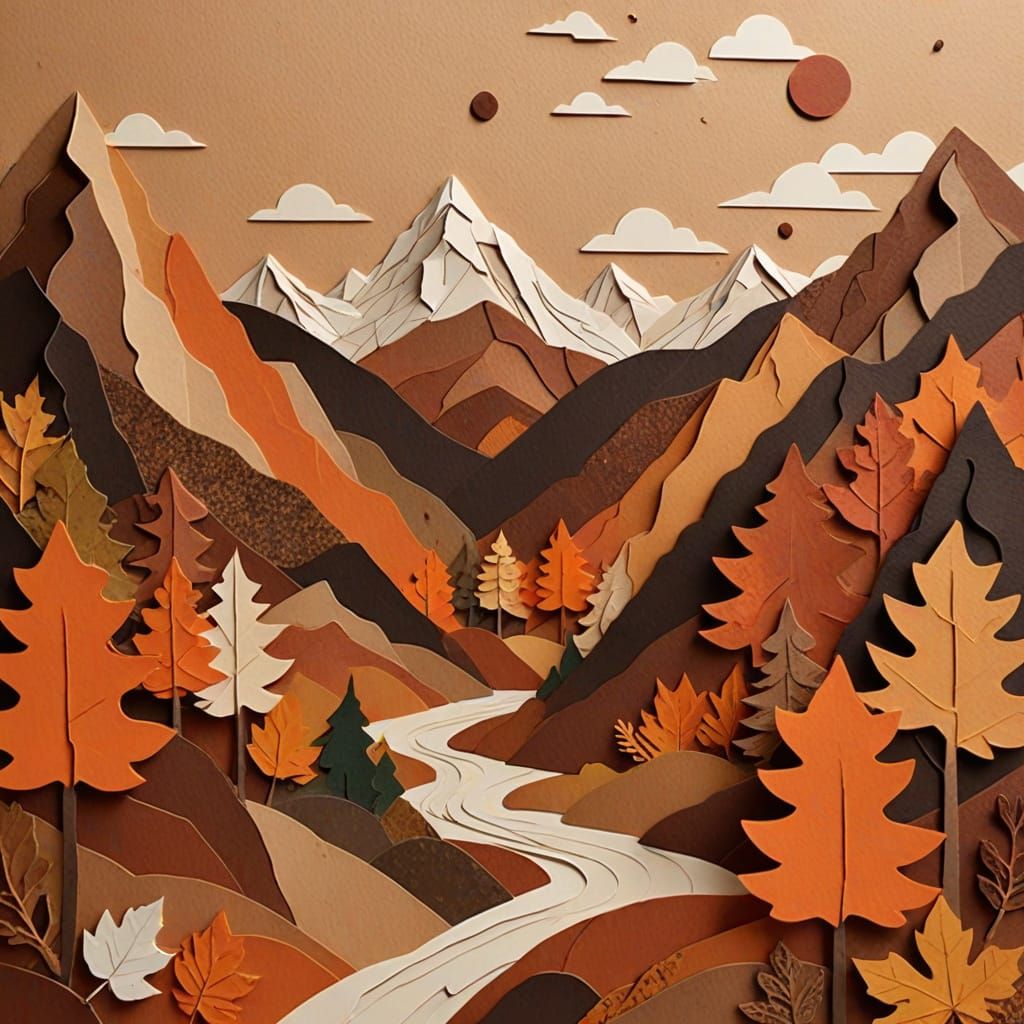 Autumn Landscape Paper Collage with Mountains