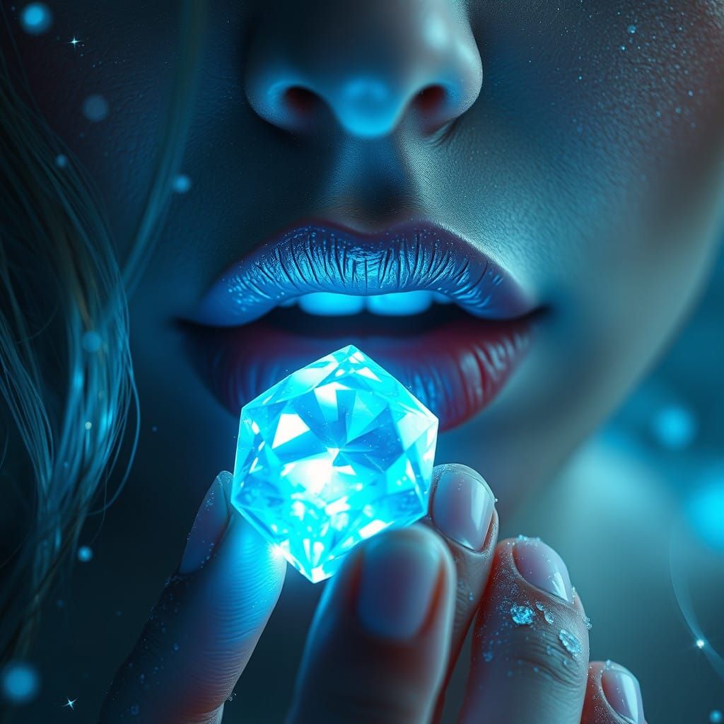 Lips Cradle a Brilliant Blue Sapphire in an Ethereal Blue Gl...