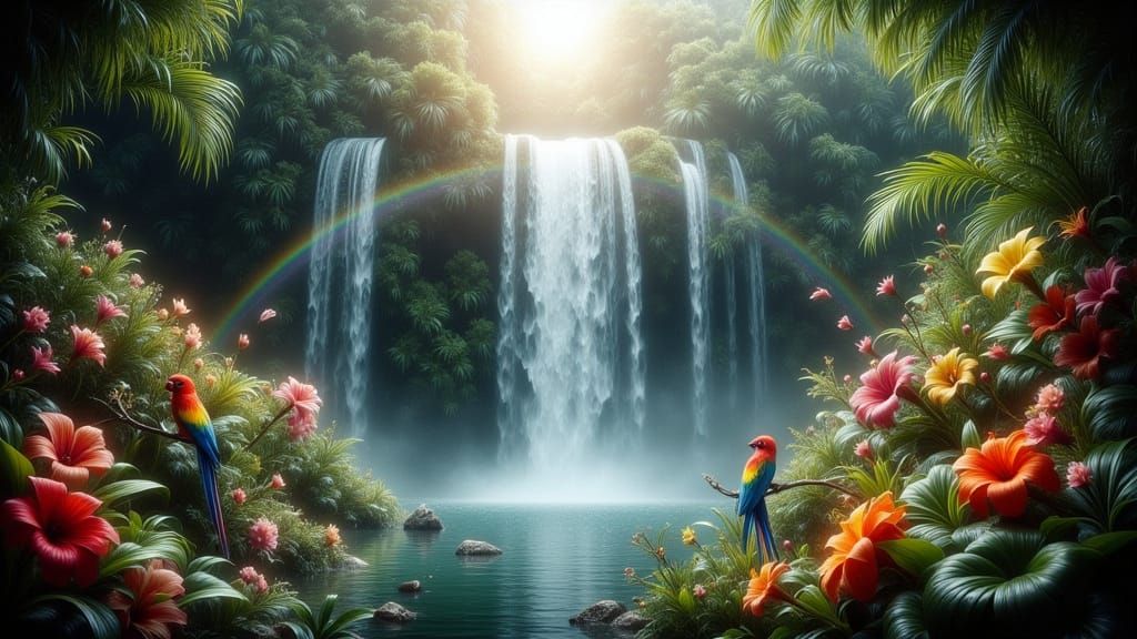 Lush Tropical Waterfall Scene with Rainbows