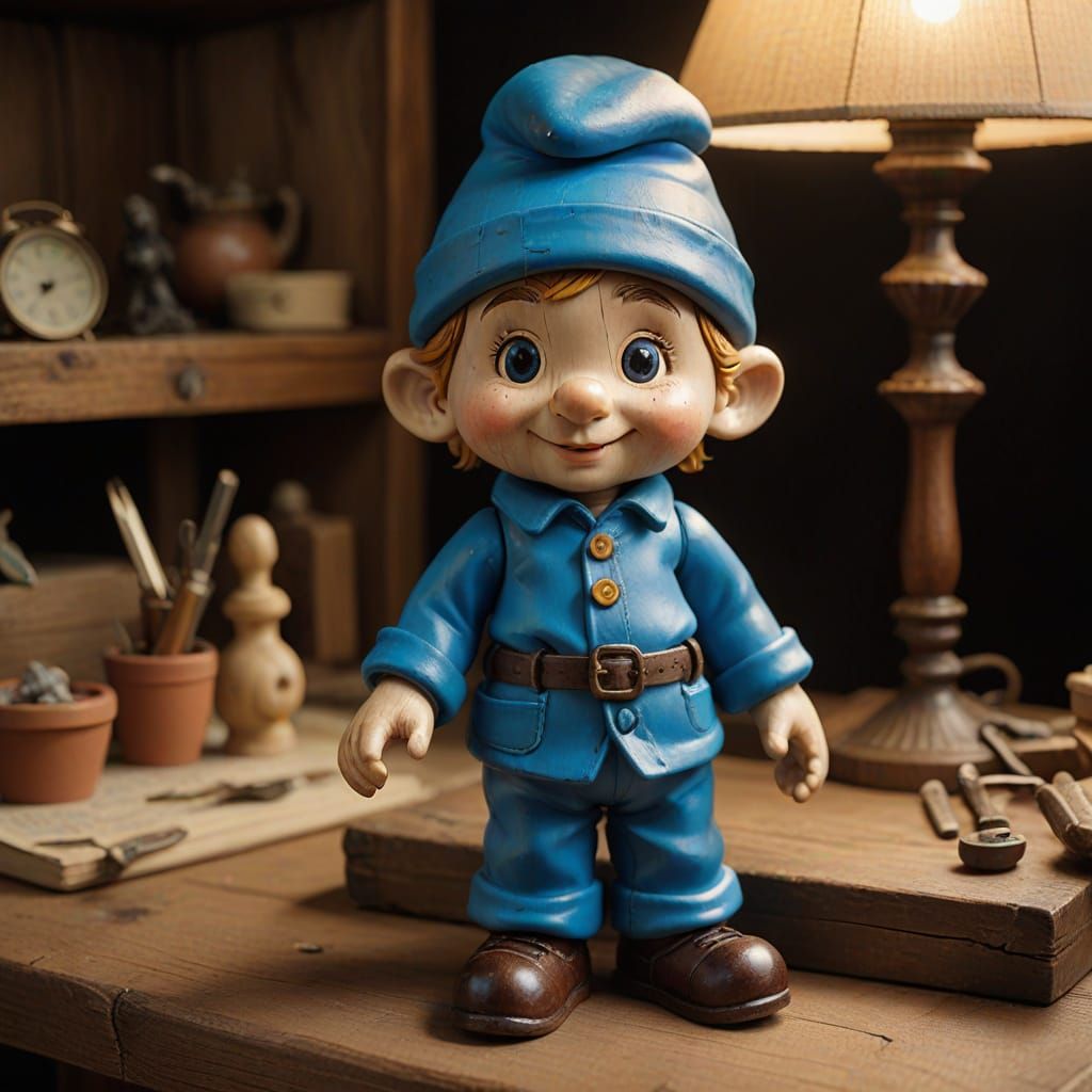 Vintage-Style Close-Up of a Smurf Doll in Warm, Golden Light...