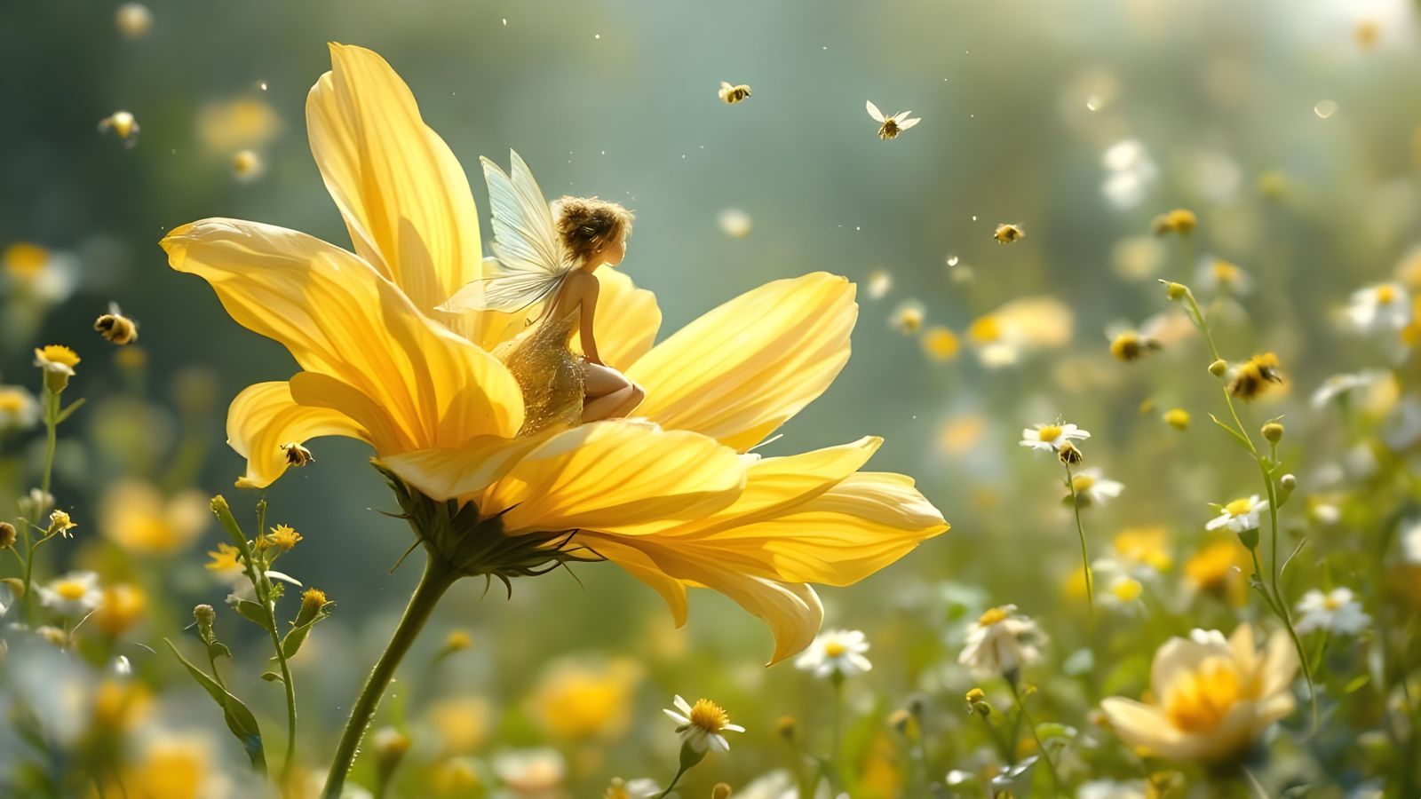 Fairy on Flower Petal in Classic Fairy Tale Style