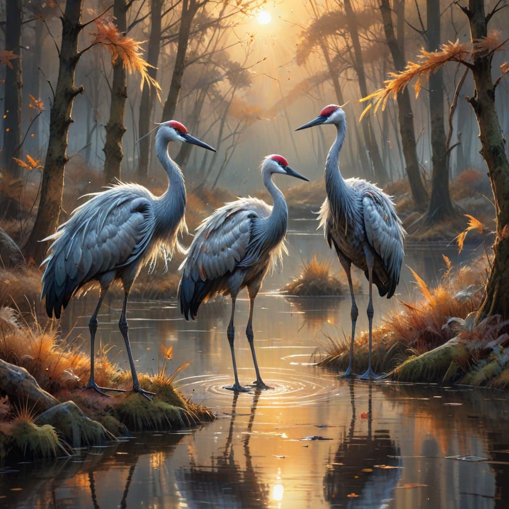 Autumn Waterscape Cranes in Serene Harmony
