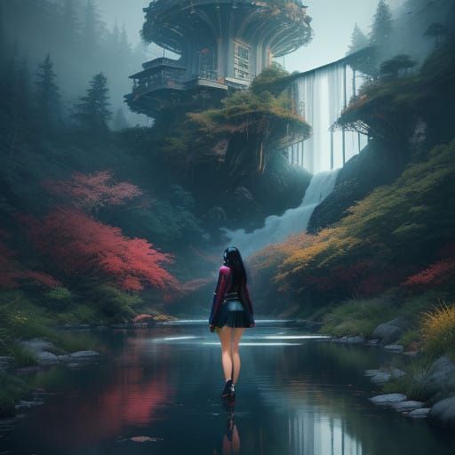 Curvy Japanese Pop Star in Serene River Landscape