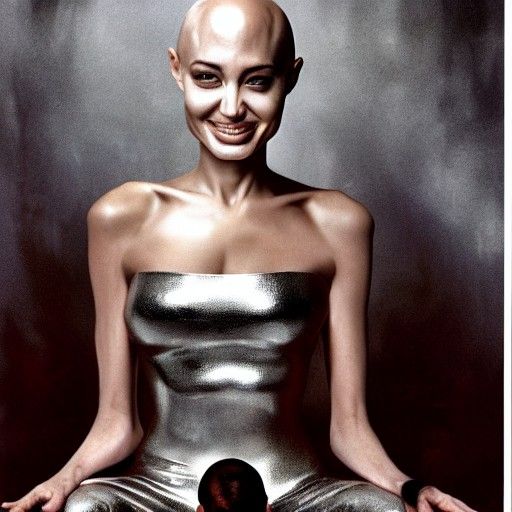 Bald Woman with Alien Head on Silver Throne