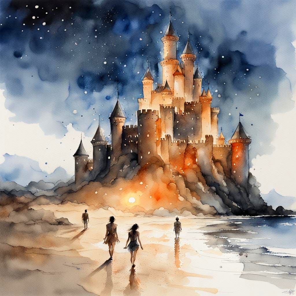 Midnight Sandcastle: Watercolor Stipple Painting