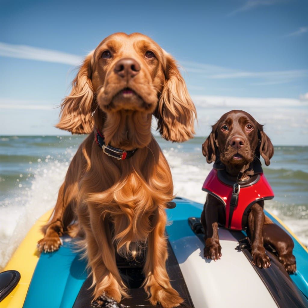 Humanoid Blonde Cocker Spaniel  dog and a humanoid Chocolate Lab dog on a Red Jet Ski in the Ocean  Waves