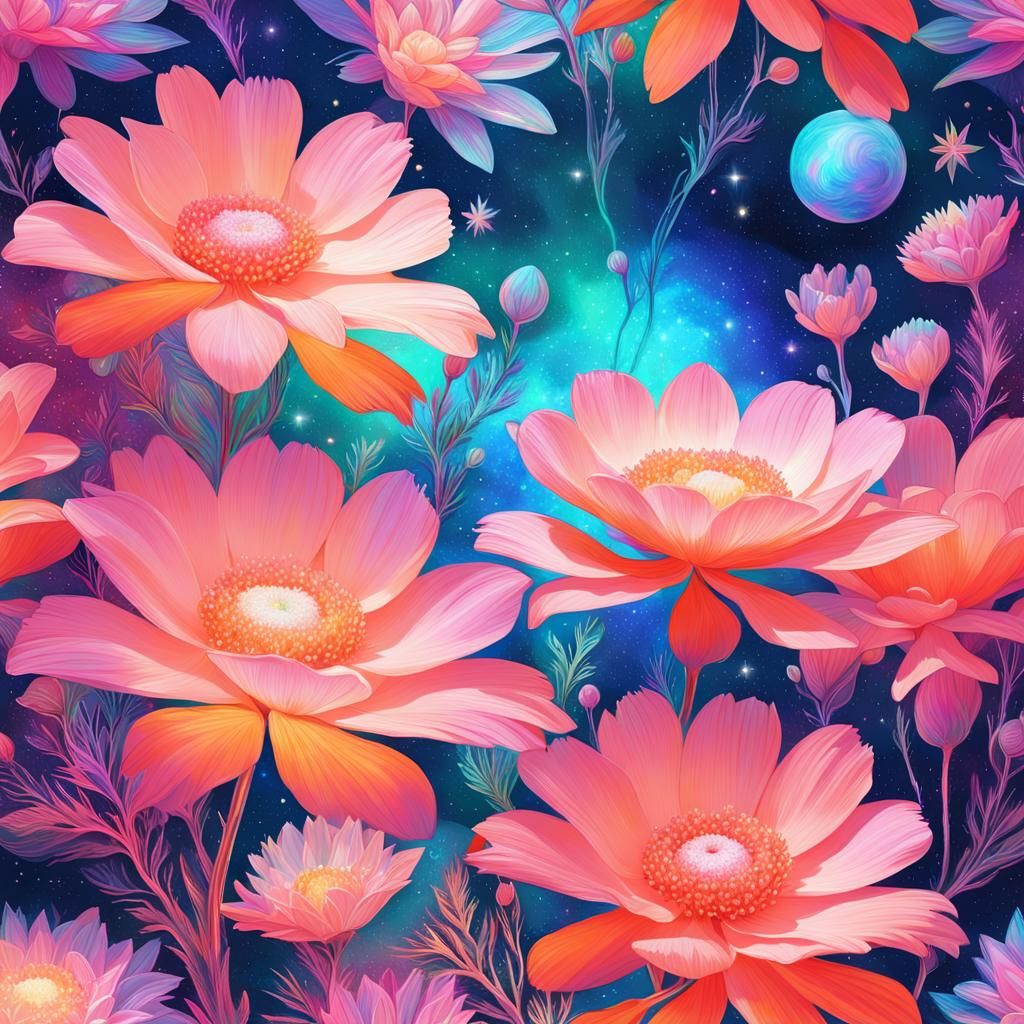 Iridescent Coral Flowers in Astral Illustration Style