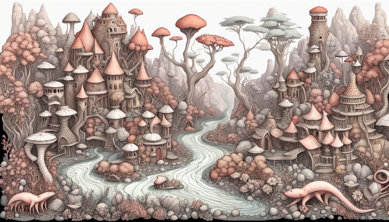 Surreal Fairy Town with Skeletal Elements