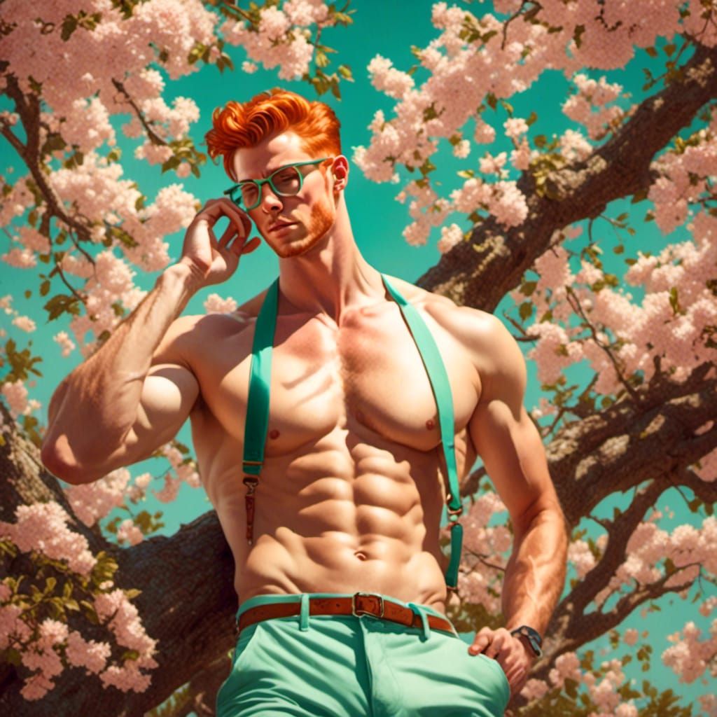Vintage Ginger Hunk Calendar Model Under Sakura Tree