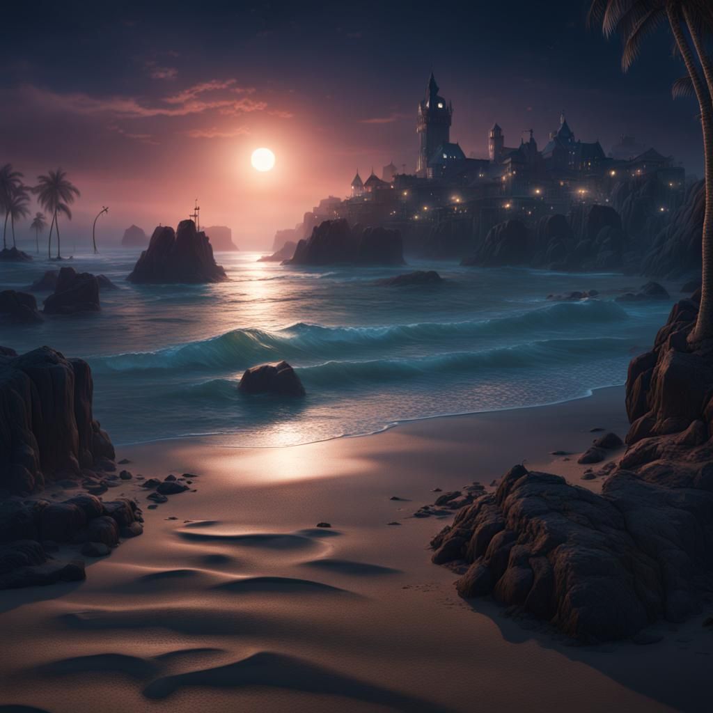 Fantastical Beach at Night in Detailed Matte Painting