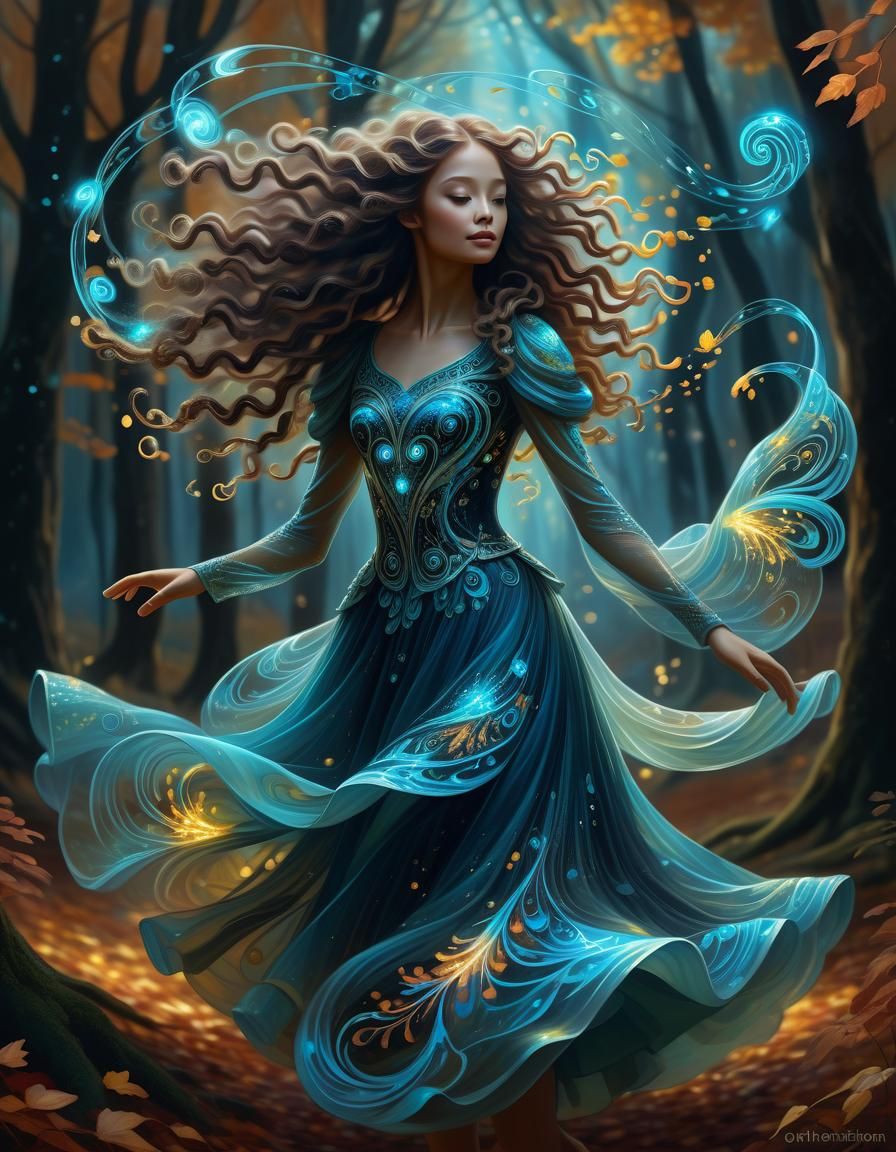 Bioluminescent Fantasy Dancer in Autumn Forest