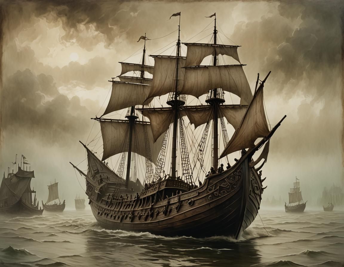 Sepia Viking Burial Ship in Gothic Oil Painting