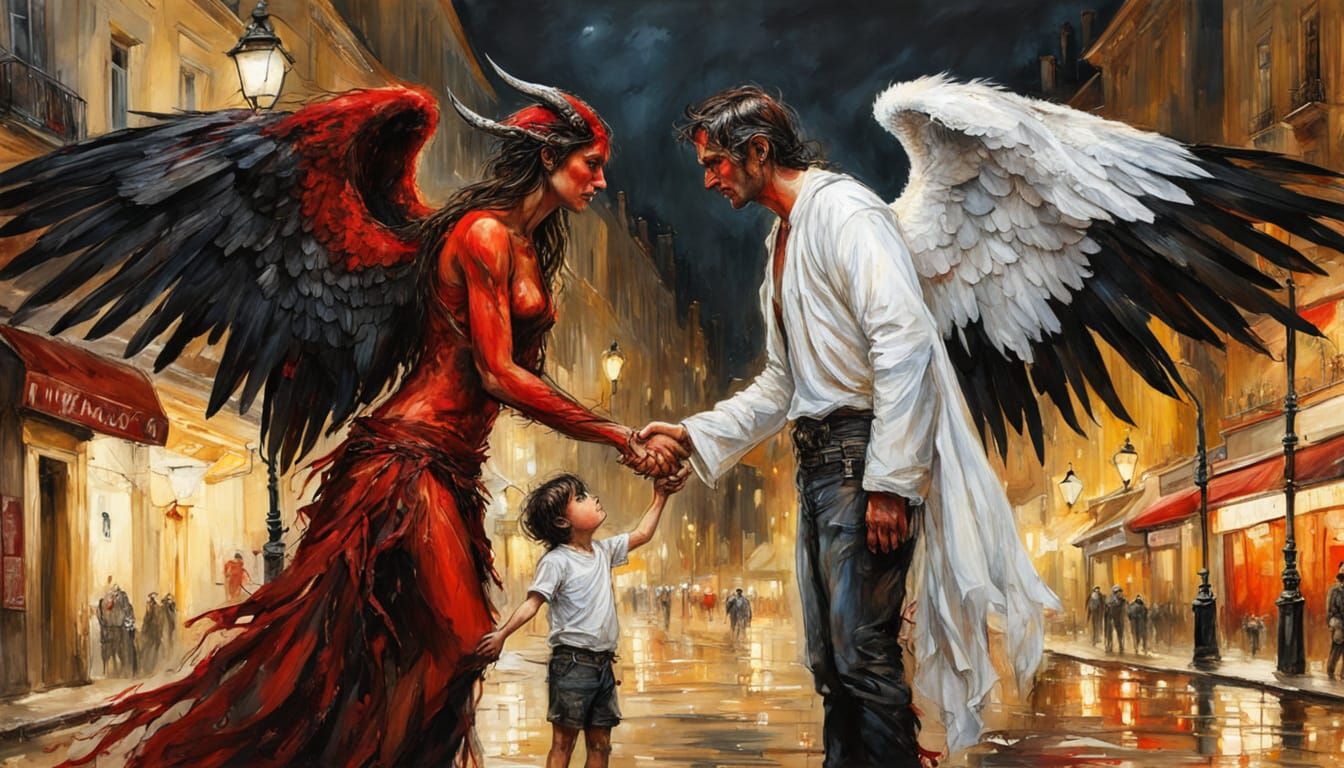 Demon and Angel Handshake in Dark Fantasy Style