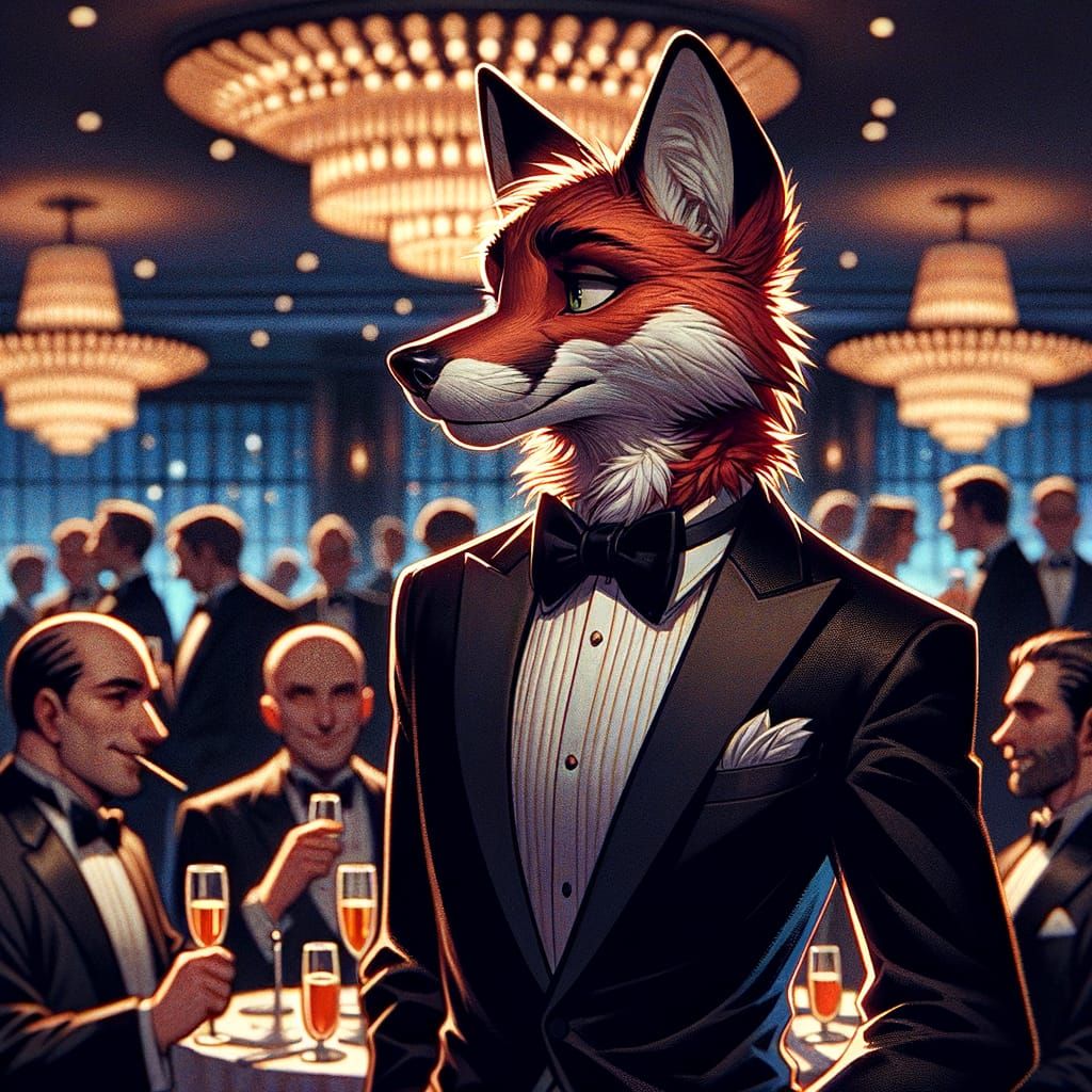 Dapper Fox in Tuxedo at Elegant Party