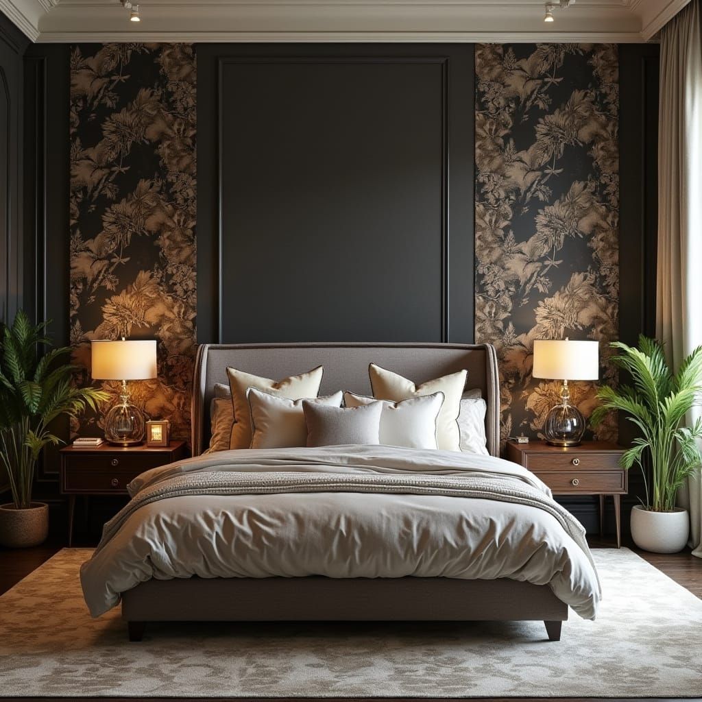 Luxurious French Modern Bedroom with Botanical Wallpaper