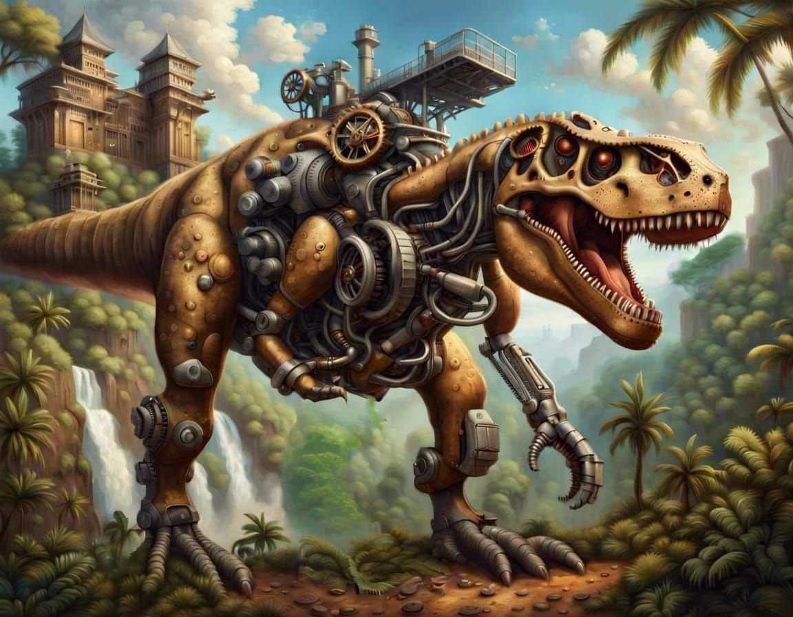 Steampunk Cyborg Tyrannosaurus Rex in Tropical Forest