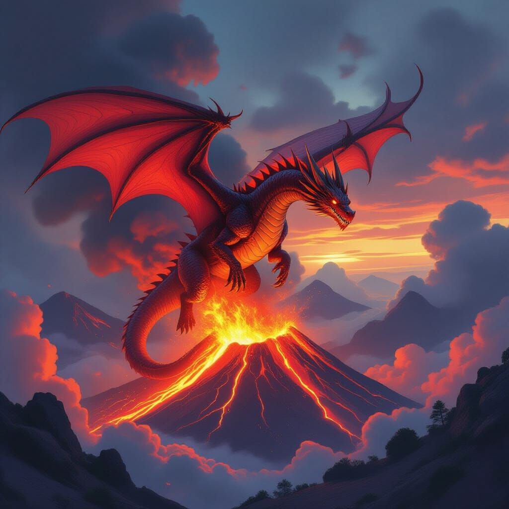 Red Dragon Flying over Volcano in Photorealistic Style