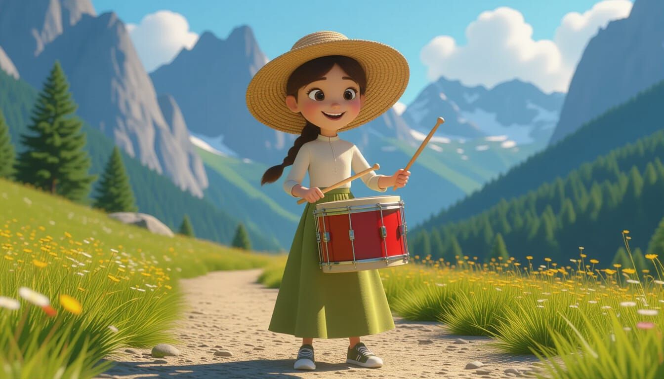 Animated Girl Plays Bucket Drum in Pixar Style