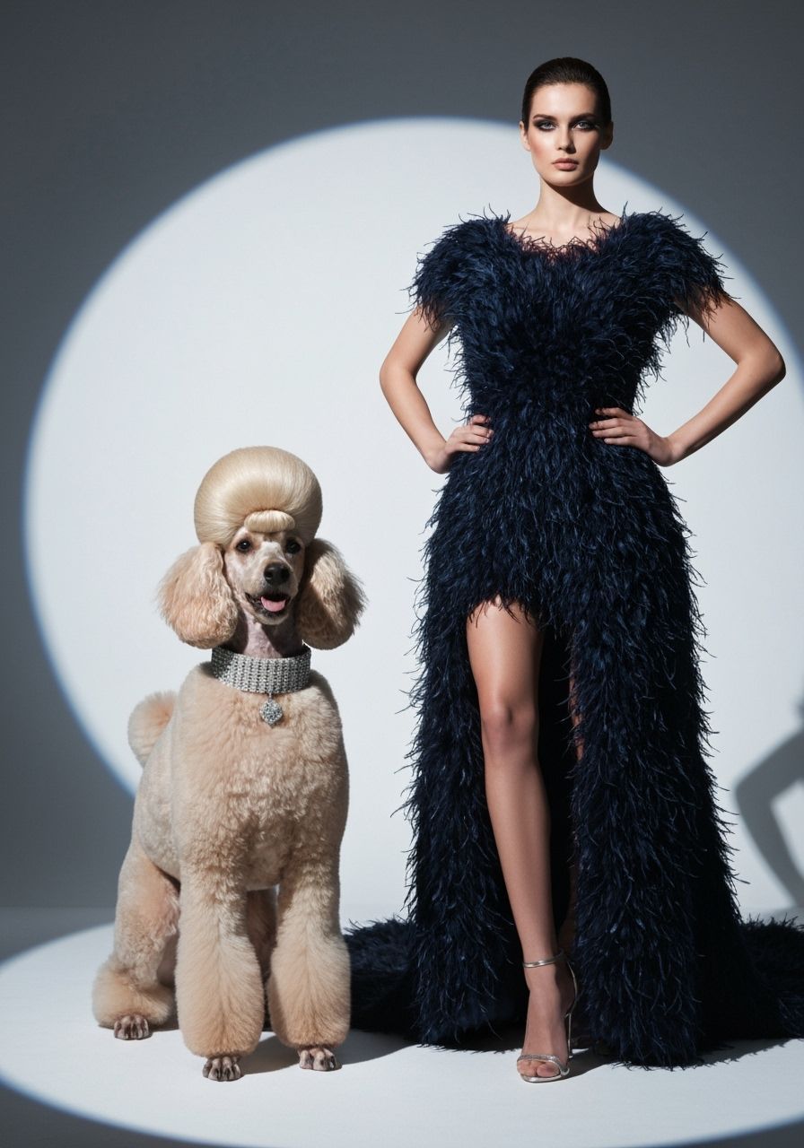 Glamorous Poodle and Model in Haute Couture Fashion