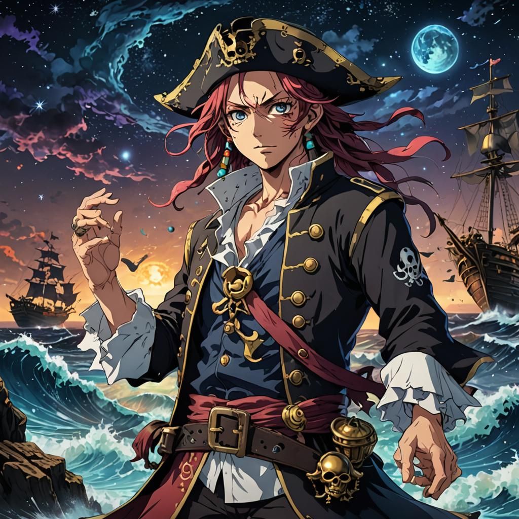 Anime Pirate Reaching for Treasure Under Starry Sky