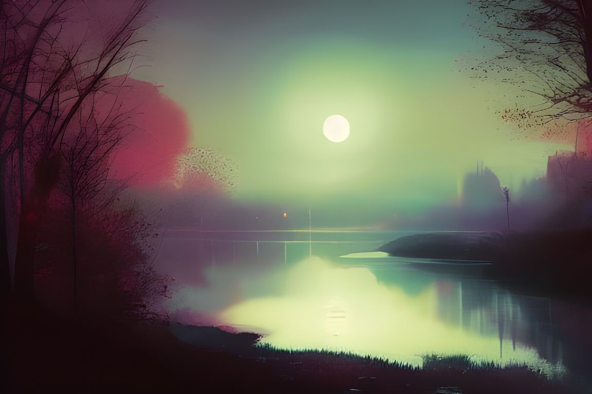 Moonlit Landscape Painting in a Fantastical Style