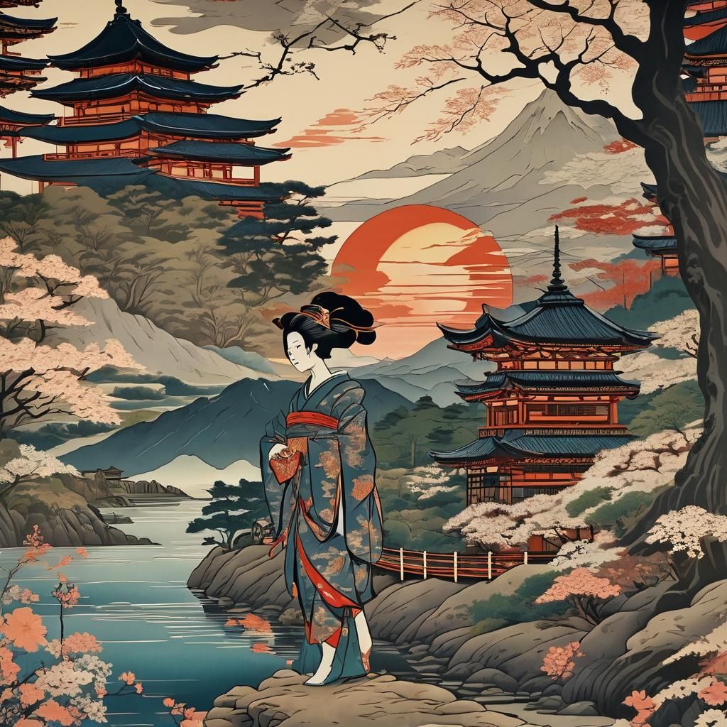Japanese Geisha Silhouette in Ukiyo-e Style