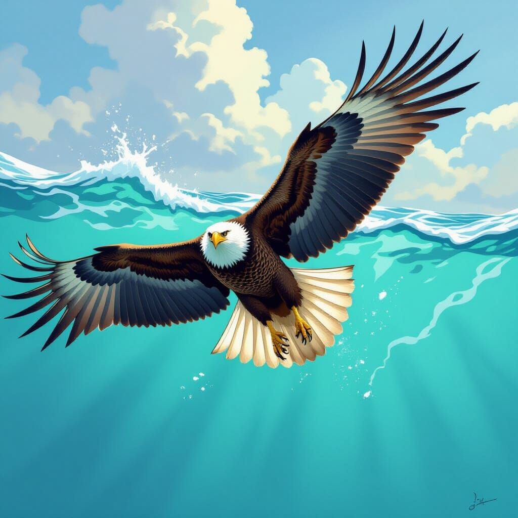 Eagle Diving for Fish in Detailed Realism