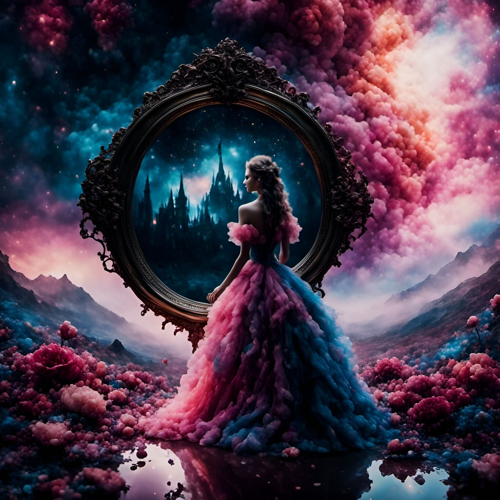 Woman in Mirror Portal to Wonderland