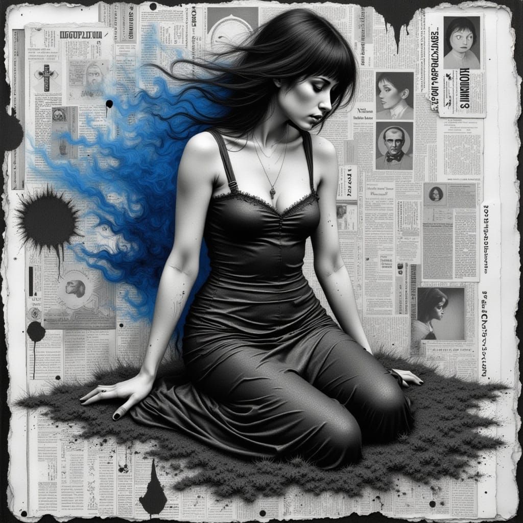 Graphite Demoness in Newspaper Collage