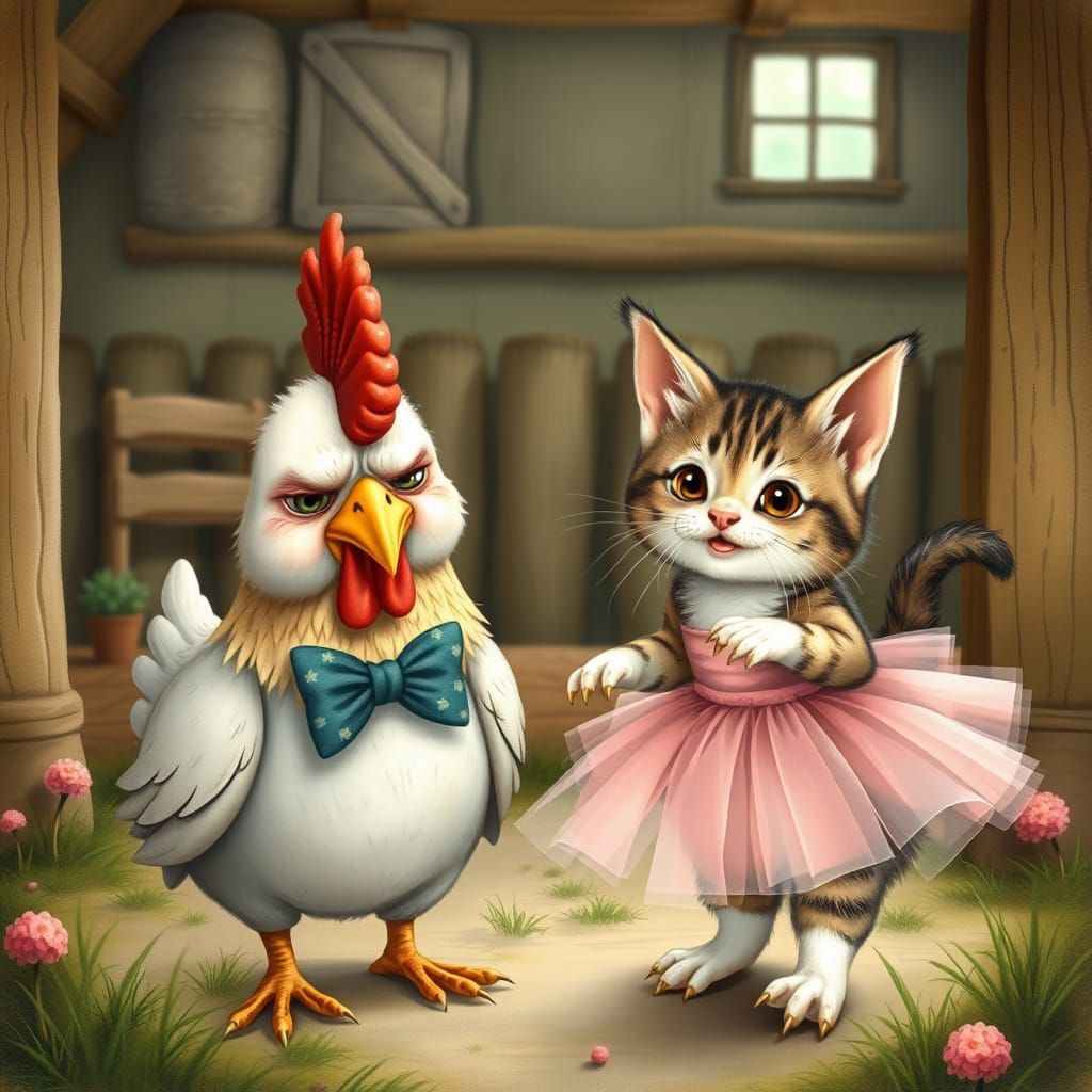 Whimsical Chicken and Kitten Farmhouse Scene