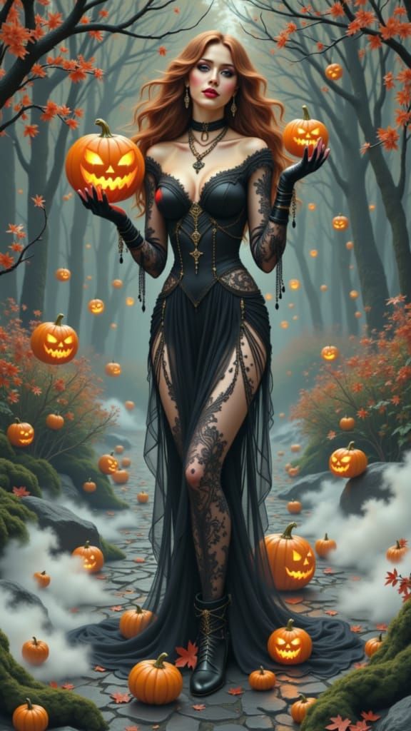 Mysterious Halloween Goddess in Art Nouveau Style